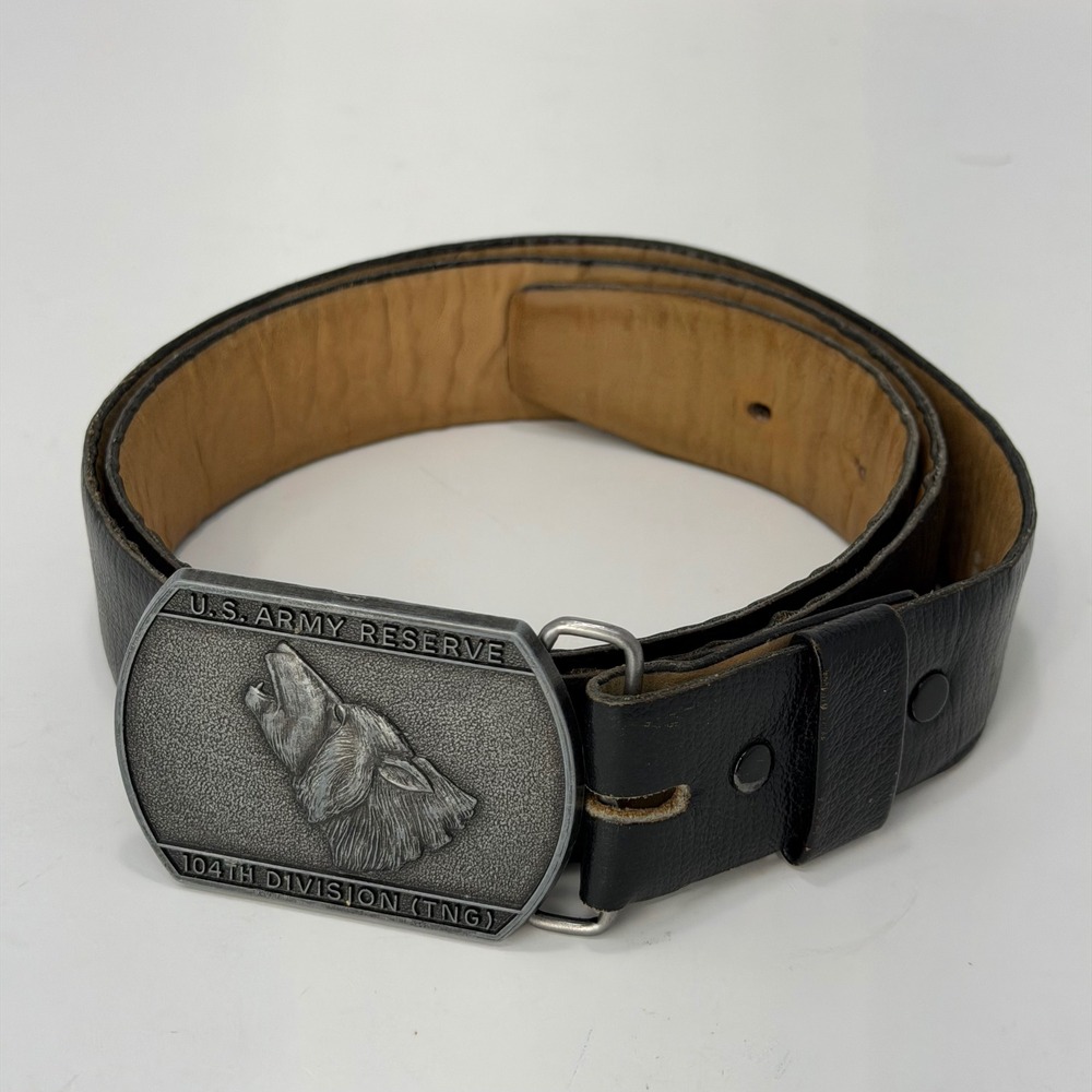 US Army Reserve 104th Division Wolf Belt Buckle Black Leather Strap Mens Size 38